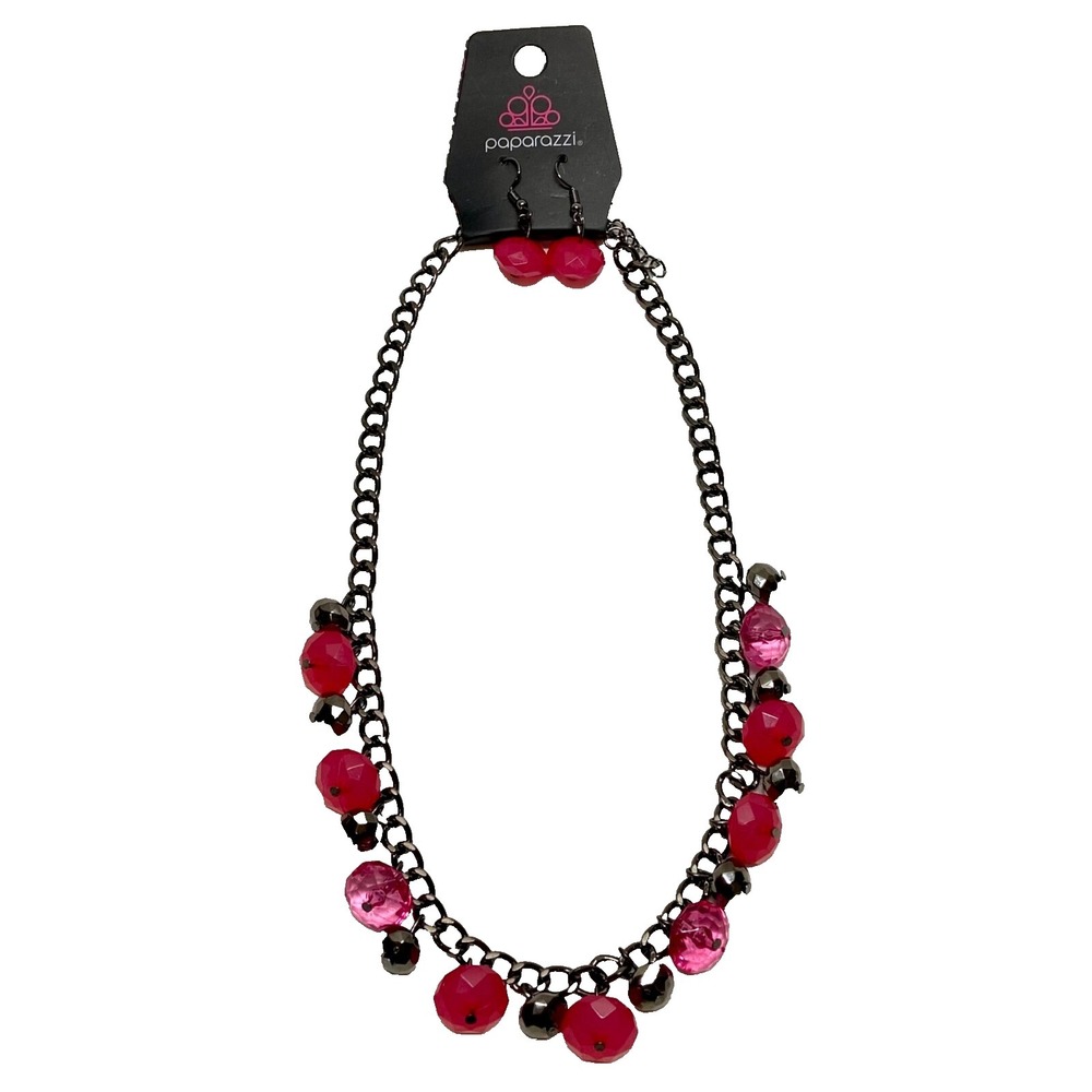 Paparazzi 18" Beaded Necklace & Earring Set Pink Silver Tone Fashion Jewelry NWT